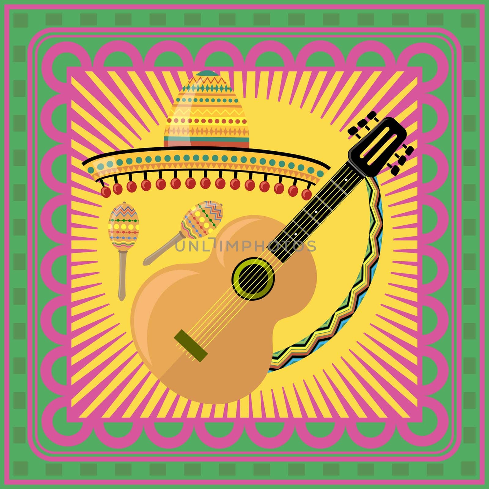 Vector Mexican festival Cinco de mayo. Banner for party. Traditional holiday. Sombrero, guitar and maracas.