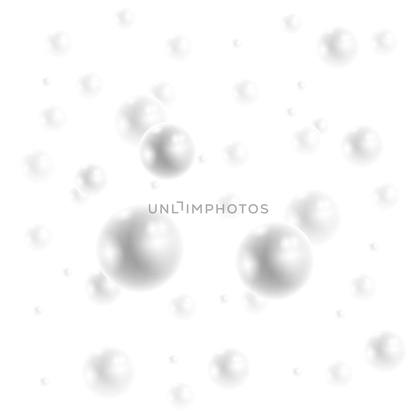 Vector grey spheres. Flying white natural pearl sphere, blur on light pearly background. Luxury jewelry pearl with white glowing light for science or beauty advertisement.