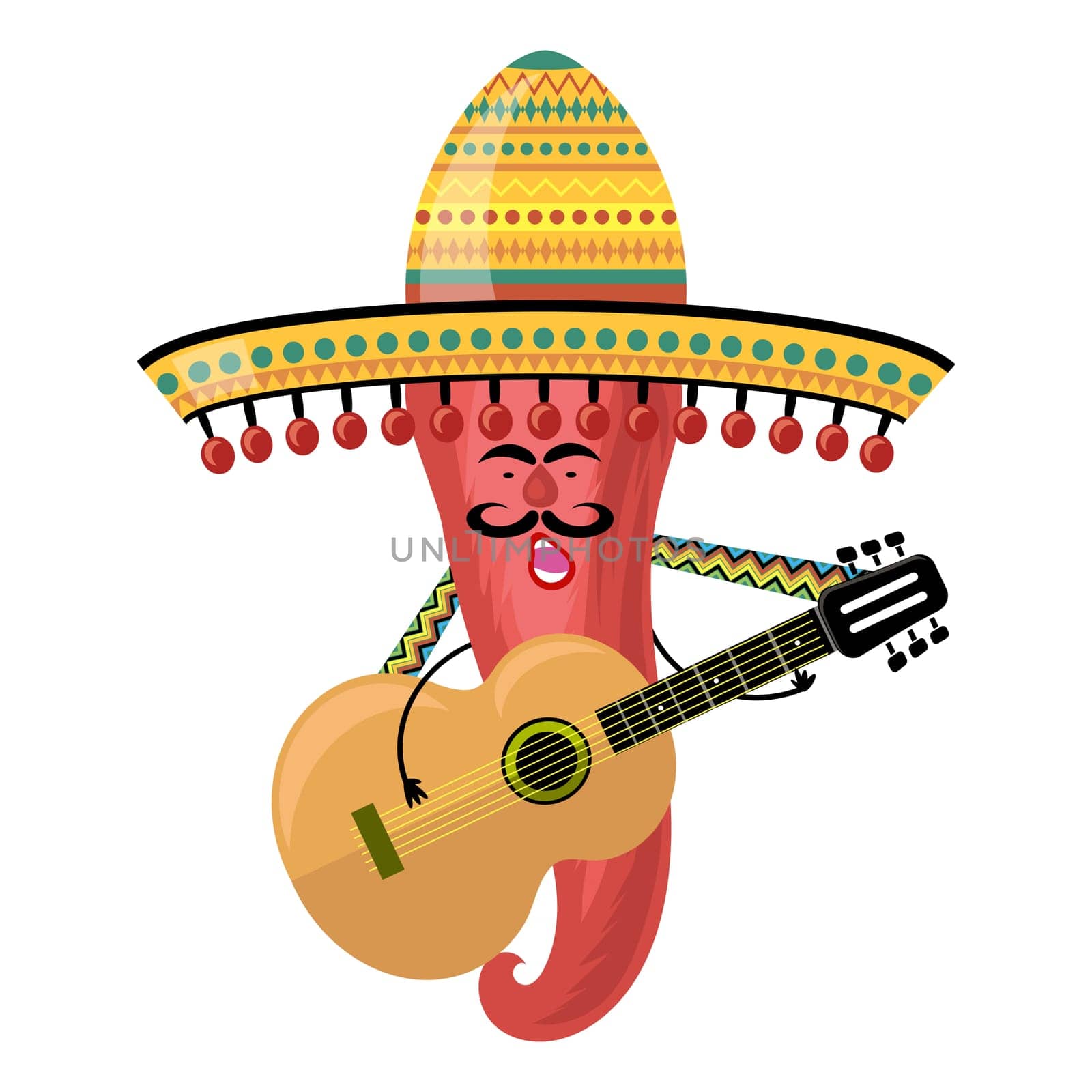 Vector Mexican Pepper with sombrero and guitar. Cinco de mayo symbol isolated on white background.