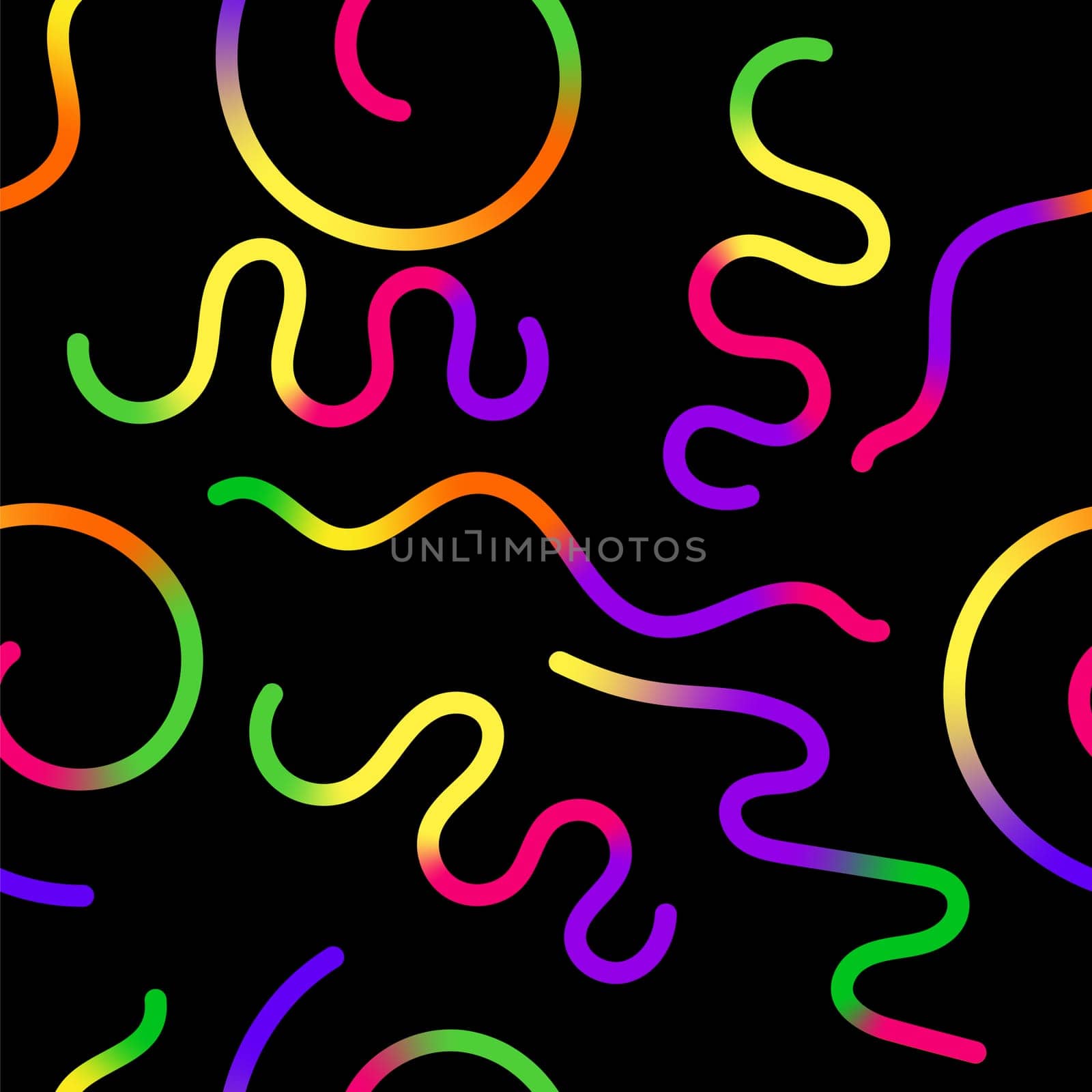 Vector Abstract Seamless Colored Gradient Shapes Set. Squiggly Design Elements. Graphic with Wavy Lines in Rainbow Colors. Colorful Fluid Wave Pattern.