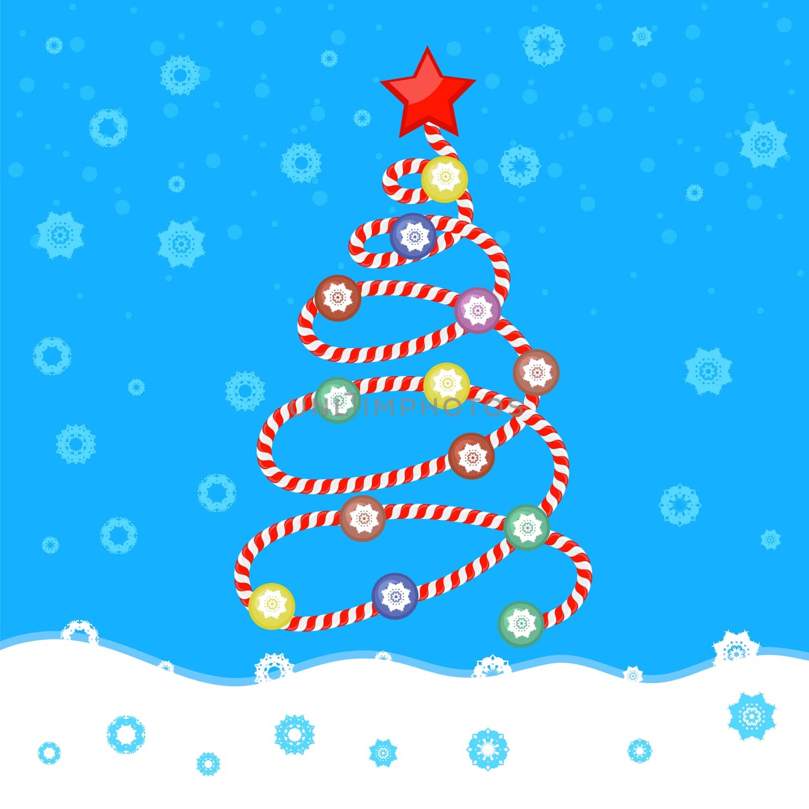 Vector Christmas tree stylized in the form a candy spiral with red and white stripes on winter background. Xmas poster.
