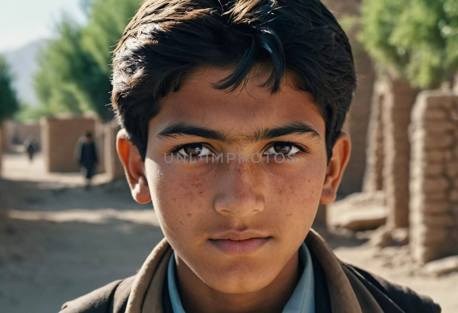 A young Afghan boy, around ten years old, stands confidently in a village setting. His thoughtful gaze reflects a deep sense of resilience and curiosity about his world. Generative AI.
