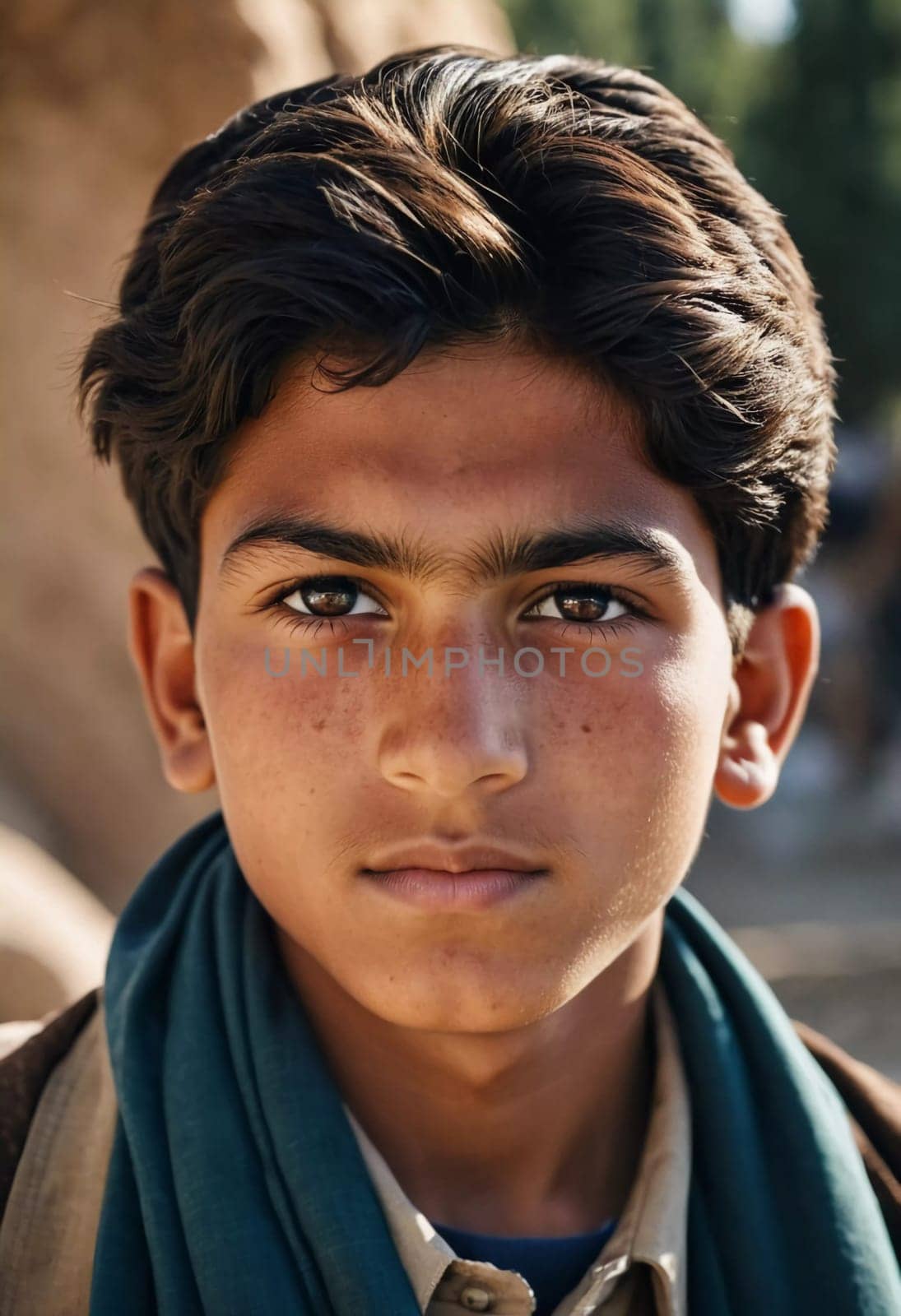 A young Afghan boy, around ten years old, stands confidently in a village setting. His thoughtful gaze reflects a deep sense of resilience and curiosity about his world. Generative AI.