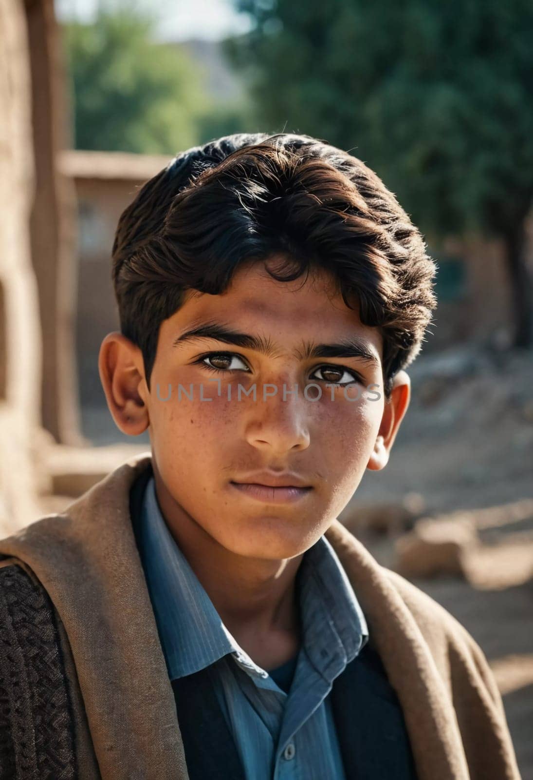 A young Afghan boy, around ten years old, stands confidently in a village setting. His thoughtful gaze reflects a deep sense of resilience and curiosity about his world. Generative AI.