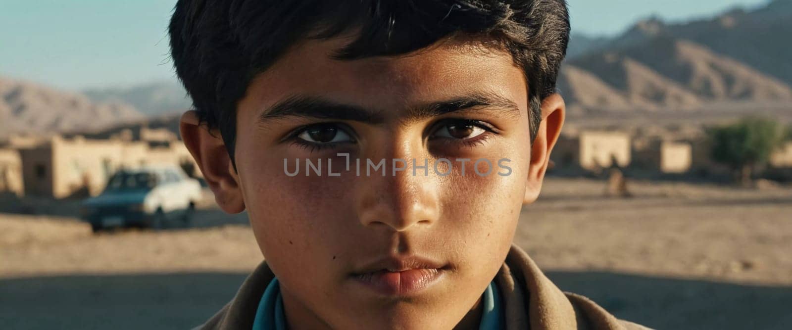 A young Afghan boy, around ten years old, stands confidently in a village setting. His thoughtful gaze reflects a deep sense of resilience and curiosity about his world. Generative AI.
