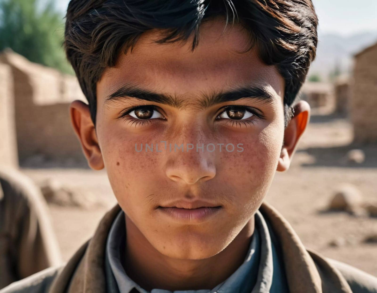 A young Afghan boy, around ten years old, stands confidently in a village setting. His thoughtful gaze reflects a deep sense of resilience and curiosity about his world. Generative AI.