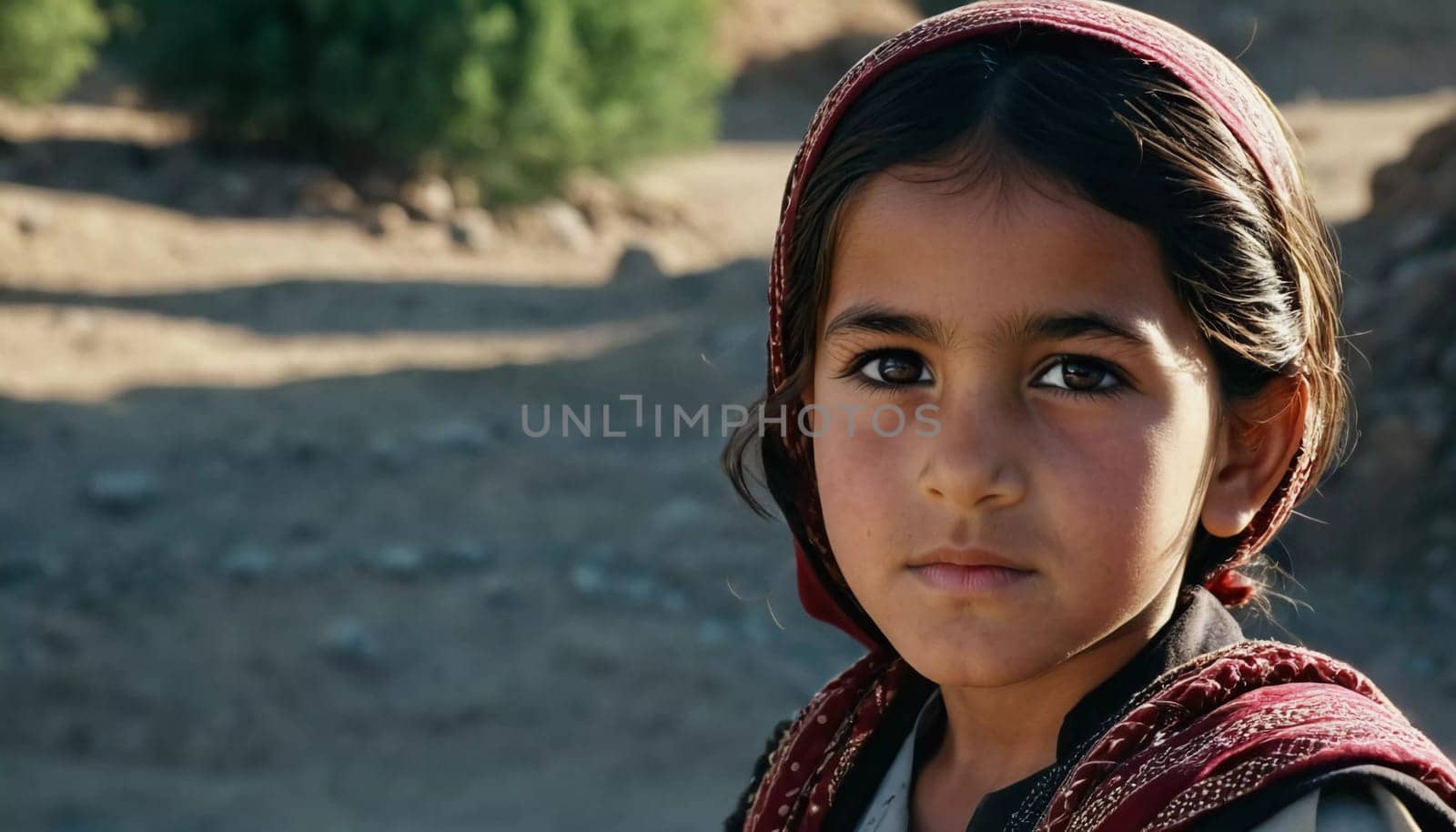 A young girl from Afghanistan stands confidently, showcasing her traditional attire, her expressive eyes reflecting her surroundings and culture. Generative AI.