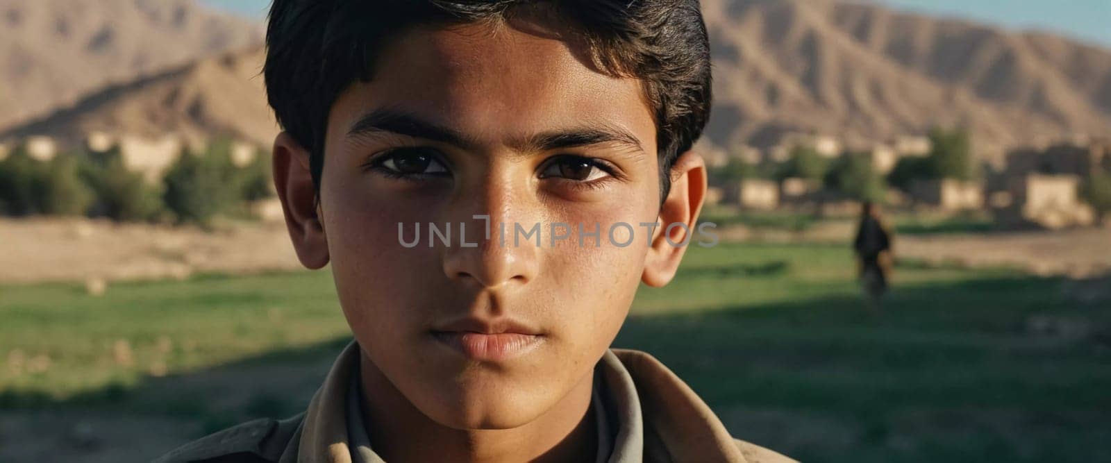 A young Afghan boy, around ten years old, stands confidently in a village setting. His thoughtful gaze reflects a deep sense of resilience and curiosity about his world. Generative AI.