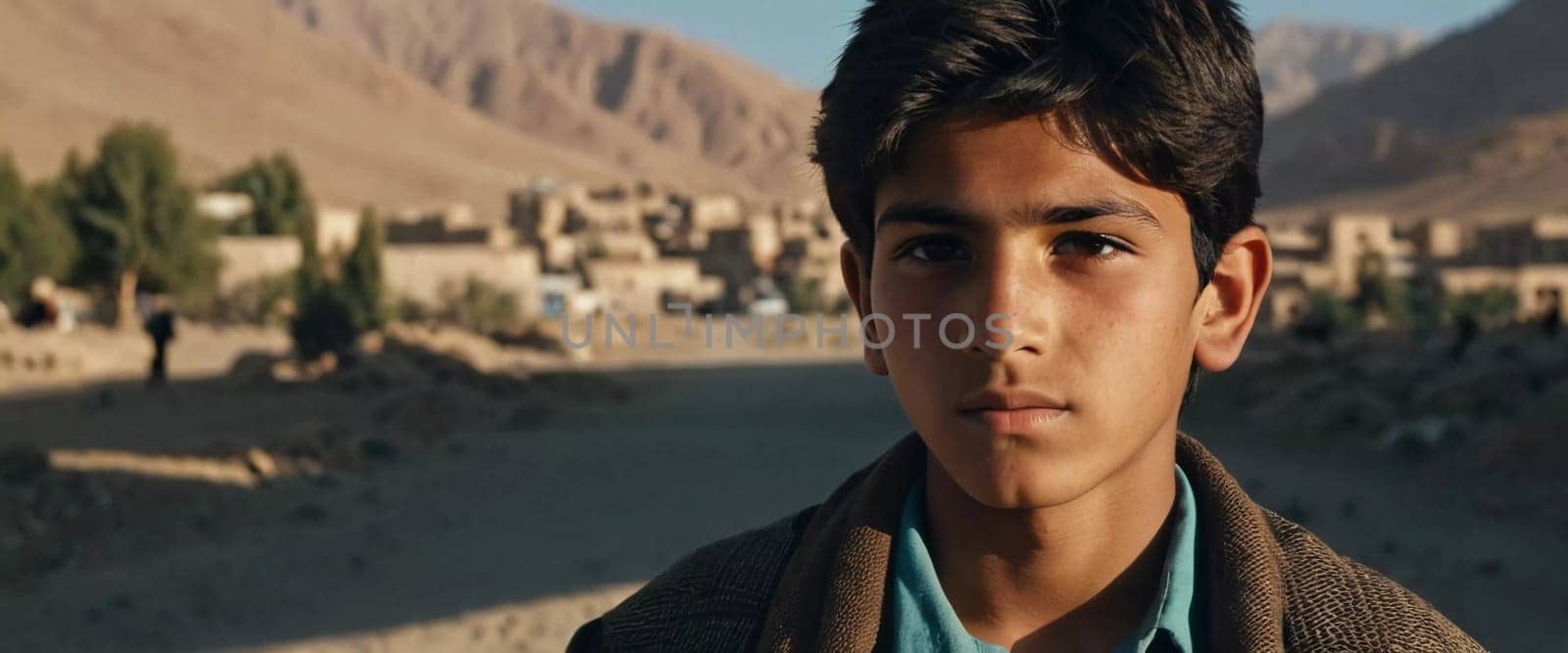 A young Afghan boy, around ten years old, stands confidently in a village setting. His thoughtful gaze reflects a deep sense of resilience and curiosity about his world. Generative AI.