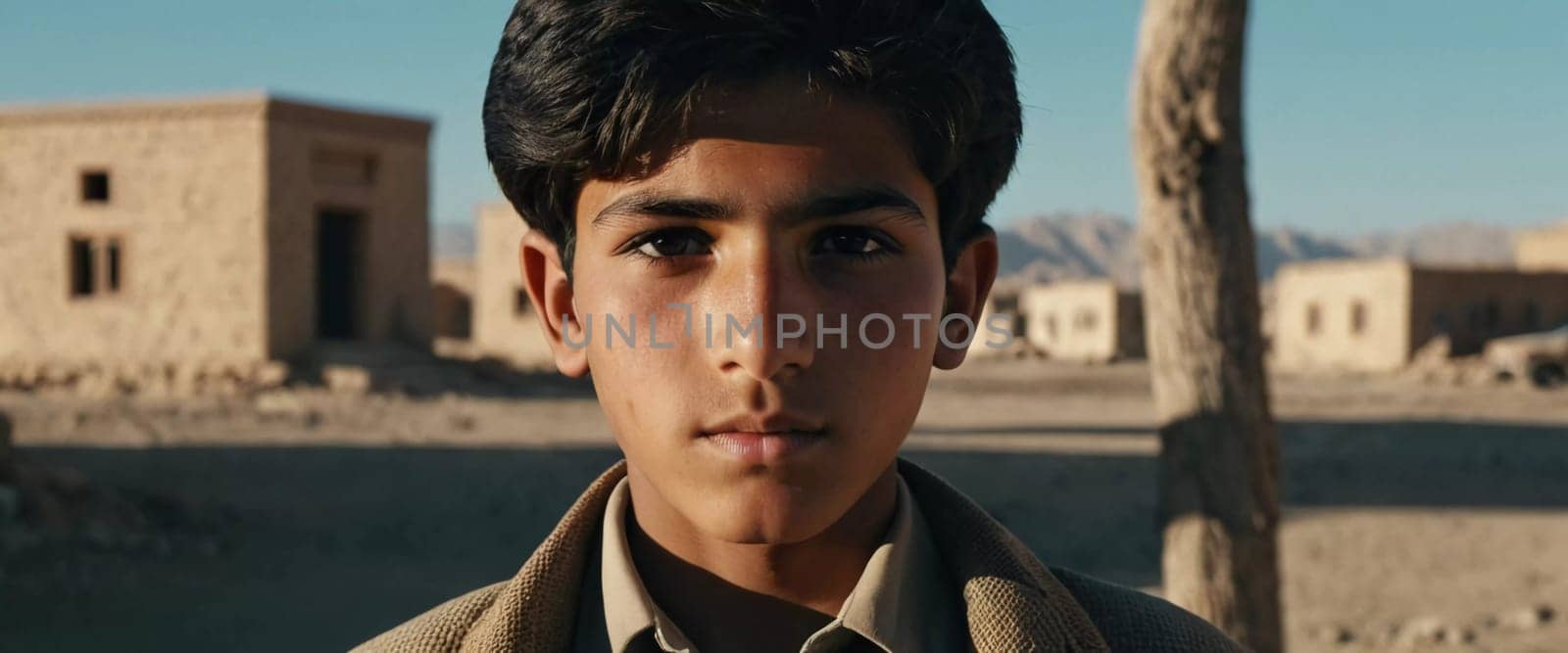 A young Afghan boy, around ten years old, stands confidently in a village setting. His thoughtful gaze reflects a deep sense of resilience and curiosity about his world. Generative AI.