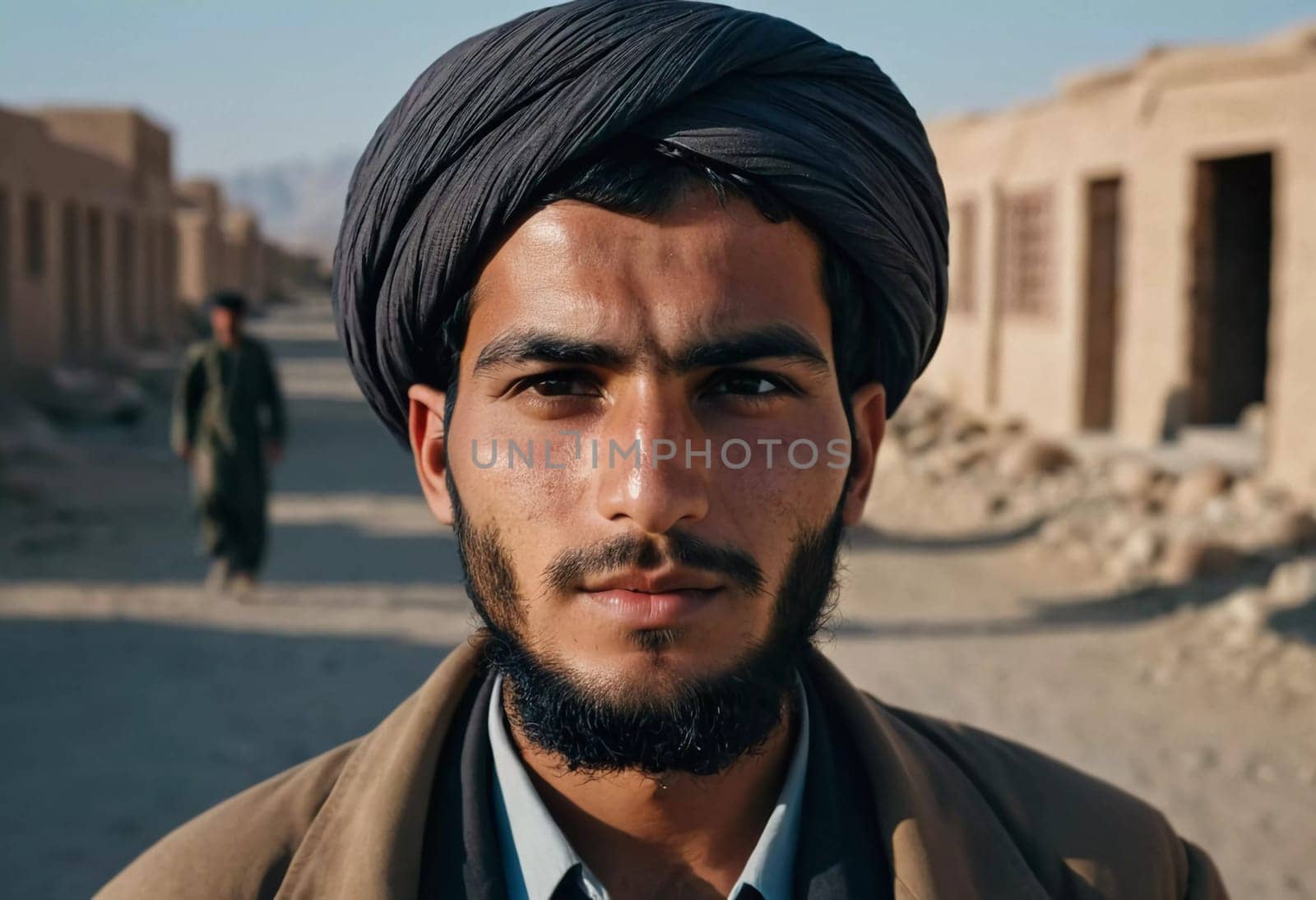 A young man 25 years old from Afghanistan, wearing traditional clothing, poses proudly in his village with mountains in the background, showcasing his cultural heritage. Generative AI.