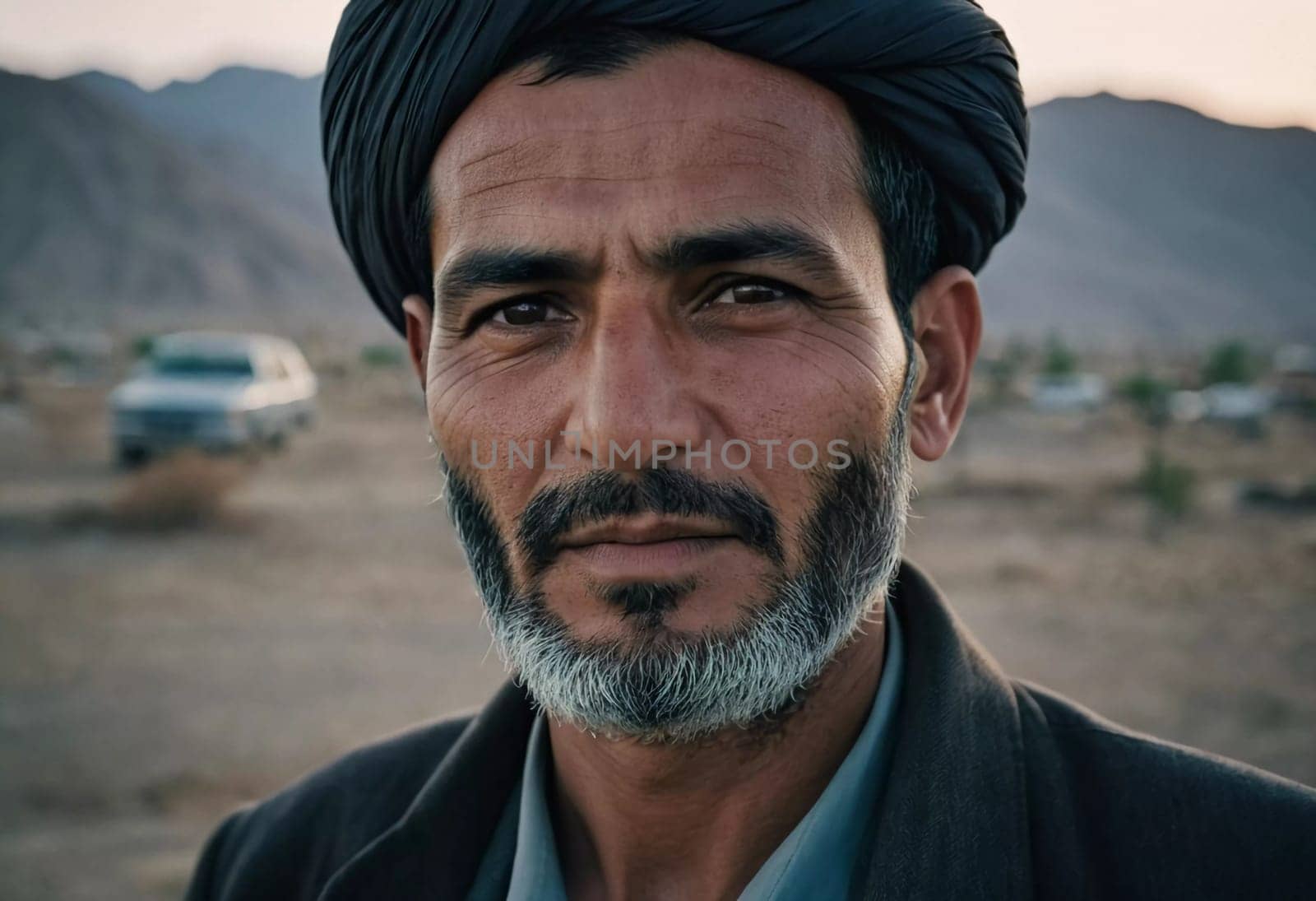 A middle-aged 45 years old Afghan man stands confidently in a rural area, showcasing his traditional attire and thoughtful gaze amidst a serene backdrop of his village. Generative AI.