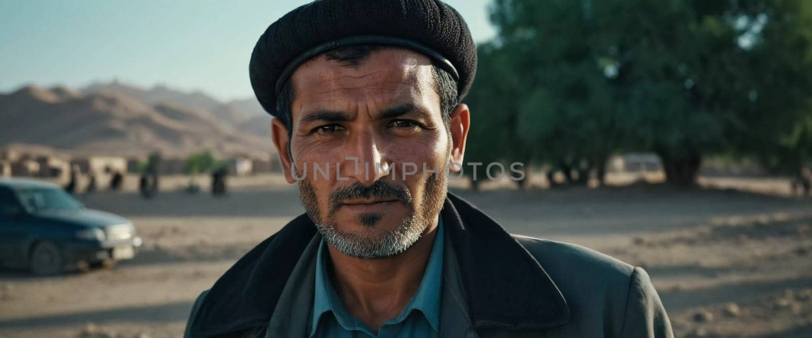 A middle-aged 45 years old Afghan man stands confidently in a rural area, showcasing his traditional attire and thoughtful gaze amidst a serene backdrop of his village. Generative AI.
