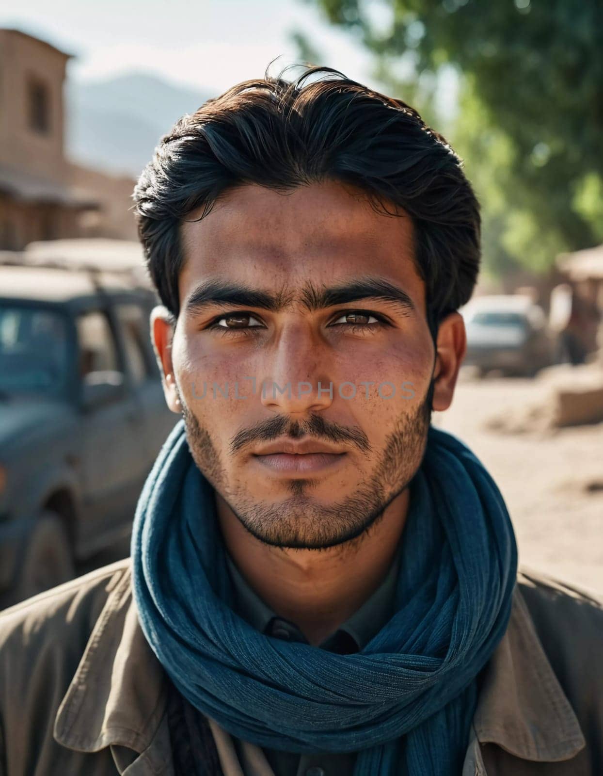 A young man 25 years old from Afghanistan, wearing traditional clothing, poses proudly in his village with mountains in the background, showcasing his cultural heritage. Generative AI.