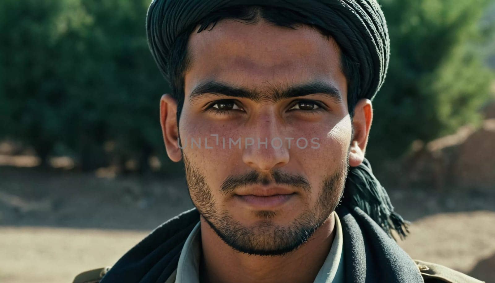 A young man 25 years old from Afghanistan, wearing traditional clothing, poses proudly in his village with mountains in the background, showcasing his cultural heritage. Generative AI.