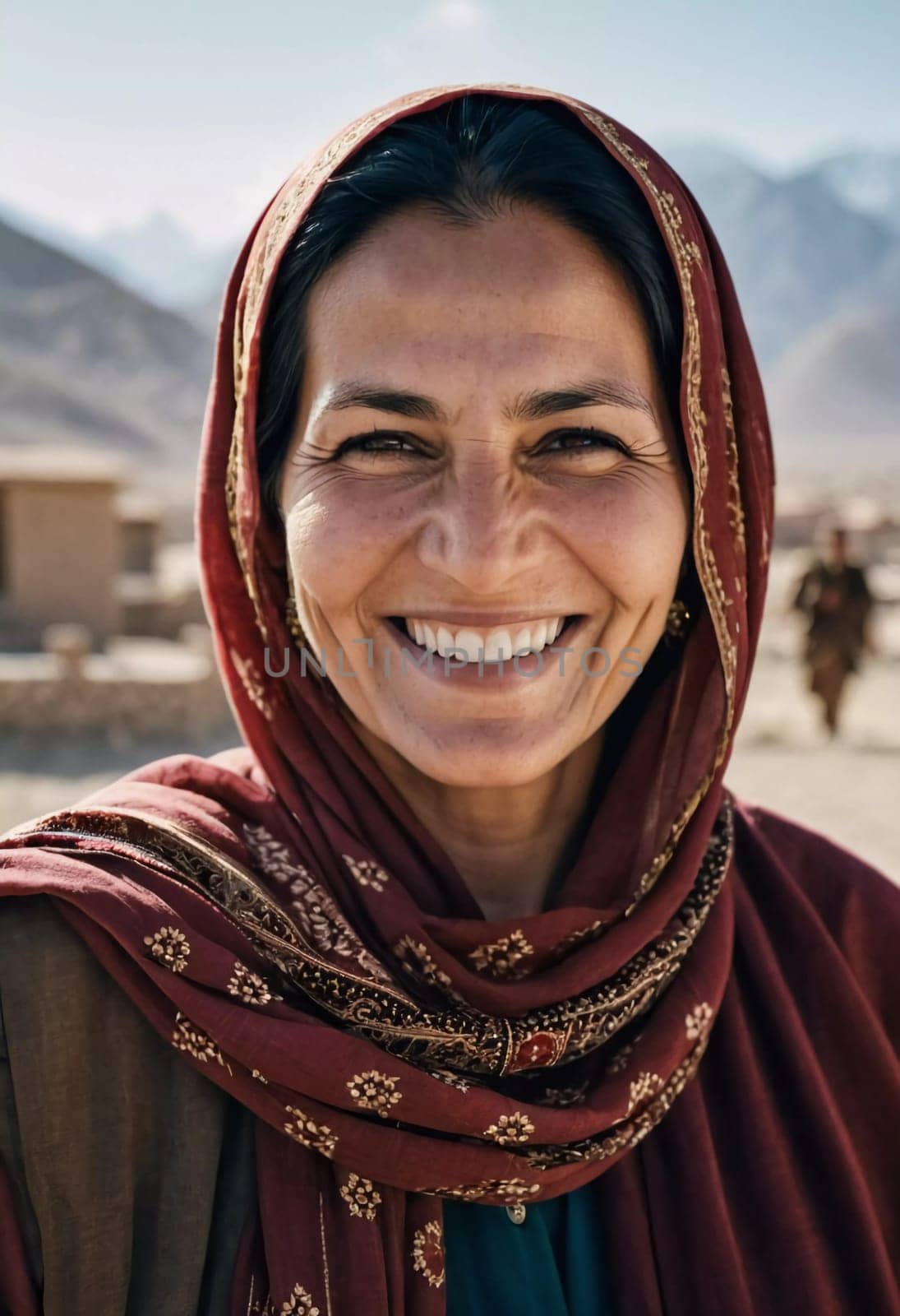 A joyful woman 45 years old from Afghanistan displays a bright smile while wearing traditional clothing. She stands confidently, embodying a sense of peace in her rural community. Generative AI.