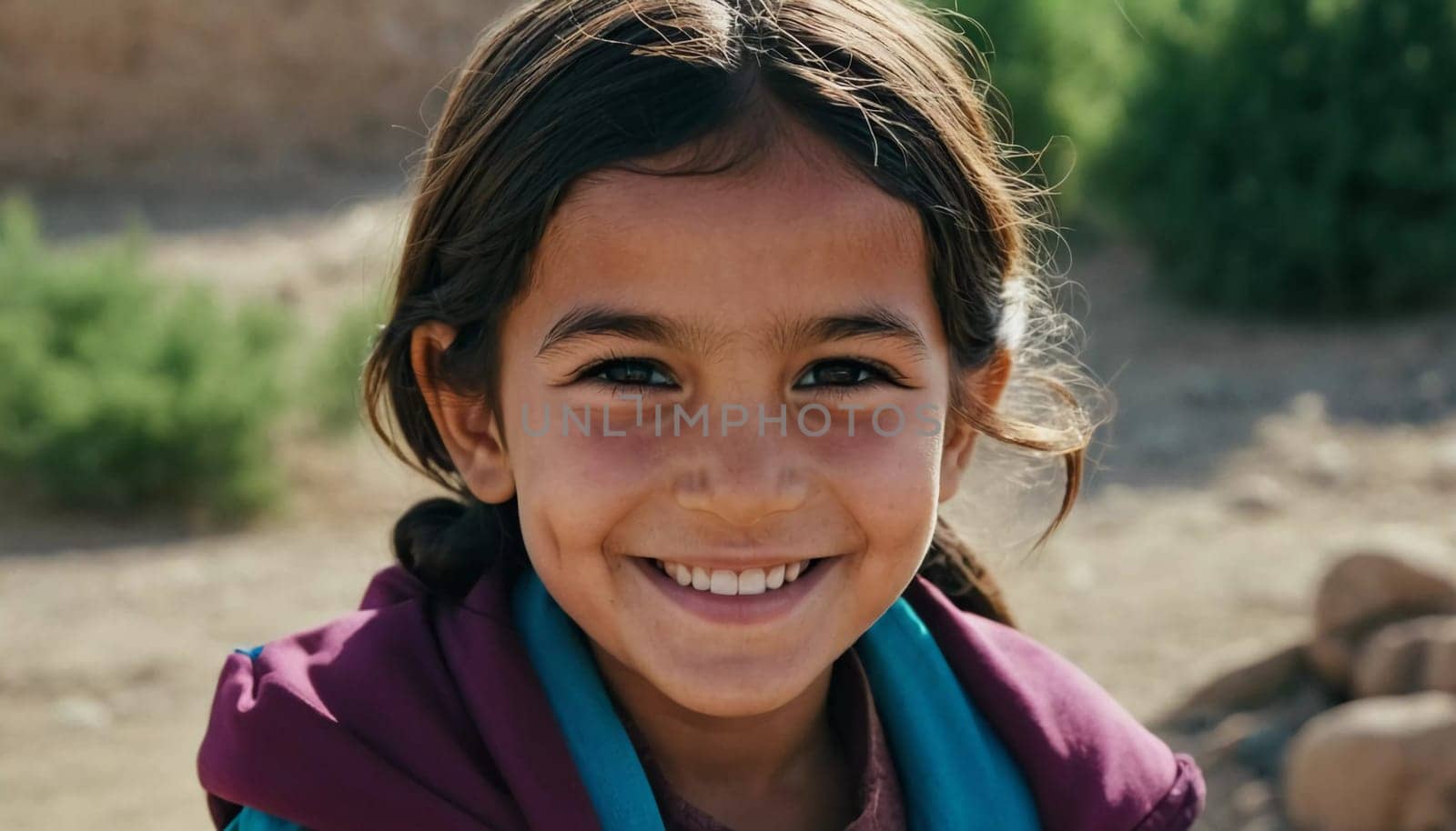 A young cute girl 5 years old from Afghanistan in national clothing smiles, showcasing her traditional attire, her expressive eyes reflecting her surroundings and culture. Generative AI.