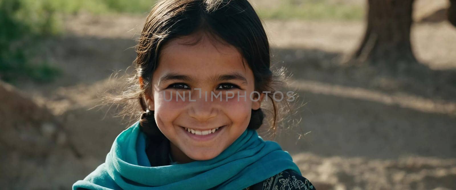 A young cute girl 5 years old from Afghanistan in national clothing smiles, showcasing her traditional attire, her expressive eyes reflecting her surroundings and culture. Generative AI.