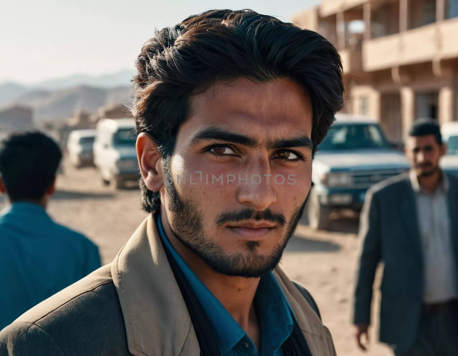 A young man 25 years old from Afghanistan, wearing traditional clothing, poses proudly in his village with mountains in the background, showcasing his cultural heritage. Generative AI.