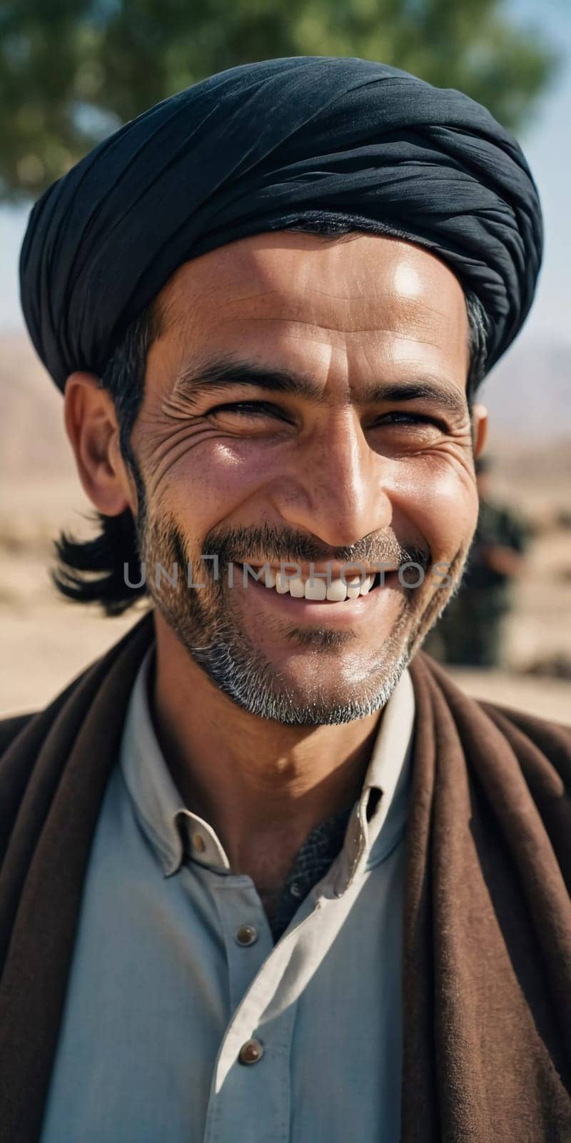 A joyful resident of Afghanistan 45 years old is smiling brightly, embodying the spirit of the region. His traditional attire complements the countryside background. Generative AI