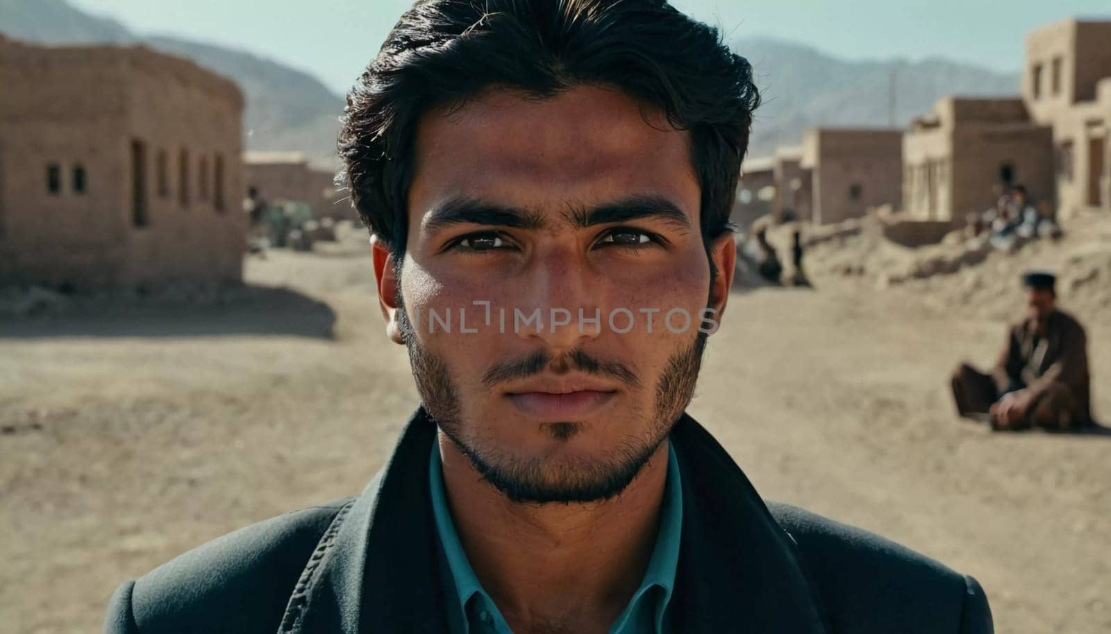 A young man 25 years old from Afghanistan, wearing traditional clothing, poses proudly in his village with mountains in the background, showcasing his cultural heritage. Generative AI.