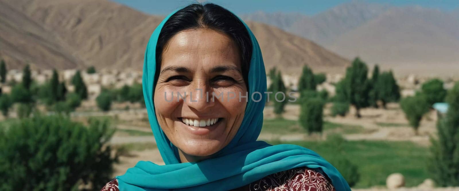 A joyful woman 45 years old from Afghanistan displays a bright smile while wearing traditional clothing. She stands confidently, embodying a sense of peace in her rural community. Generative AI.