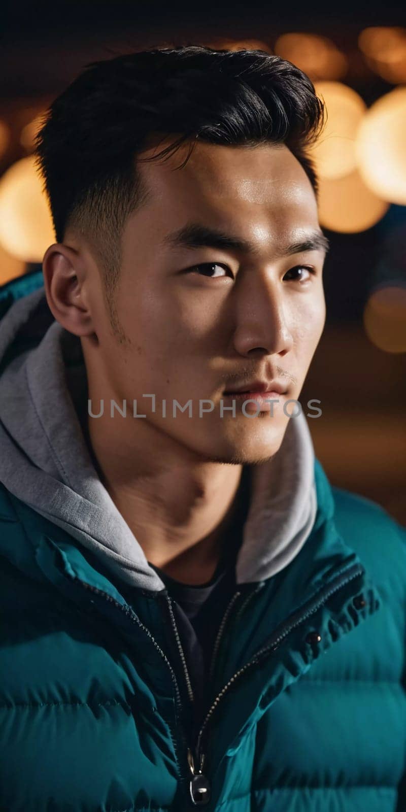 A young man with a confident expression poses against a backdrop of colorful lights at night in urban setting. A resident of Kazakhstan, a cute man of 25 years old. Student or applicant. AI generated.
