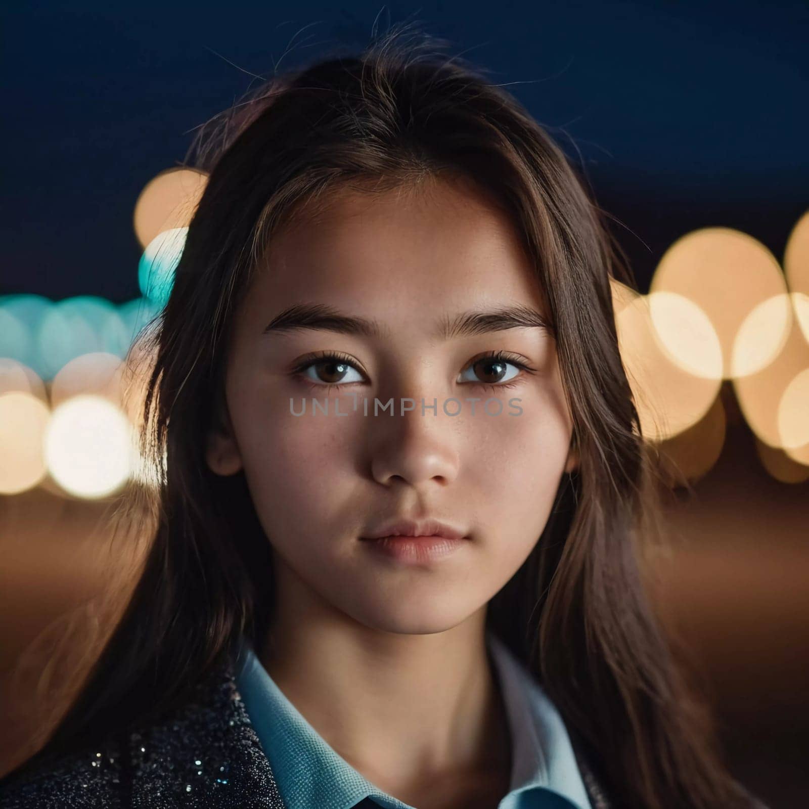 A young girl with long, dark hair and serious expression stands outdoors. A resident of Kazakhstan, a beautiful girl of 15 years old. Schoolgirl, student or applicant. Modern generation. AI generated.