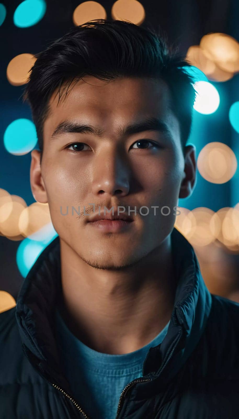 A young man with a confident expression poses against a backdrop of colorful lights at night in urban setting. A resident of Kazakhstan, a cute man of 25 years old. Student or applicant. AI generated.