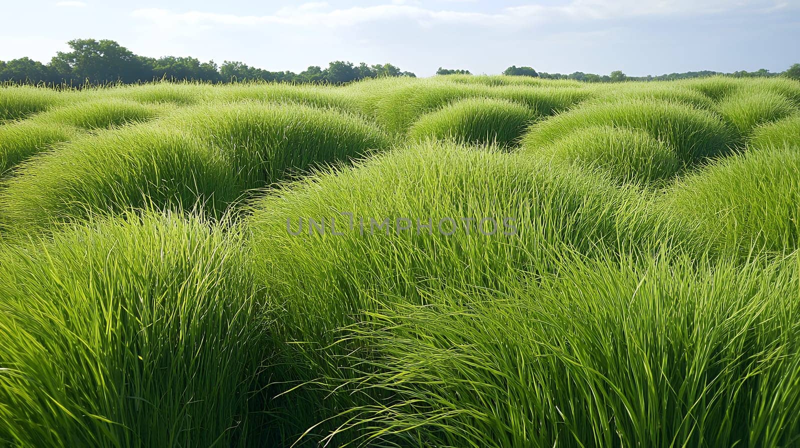 A field of lush green grass mounds creates a wave-like pattern, emphasizing the vibrancy of nature.