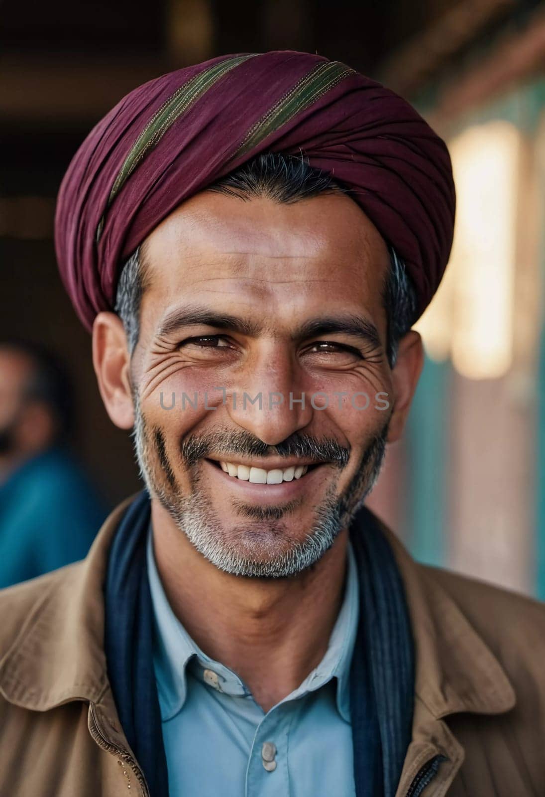 A joyful resident of Afghanistan 45 years old is smiling brightly, embodying the spirit of the region. His traditional attire complements the countryside background. Generative AI