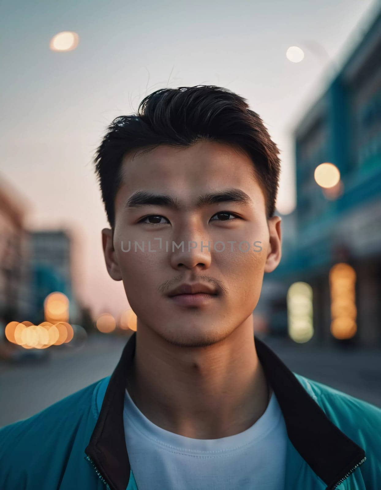 A young man with a confident expression poses against a backdrop of colorful lights at night in urban setting. A resident of Kazakhstan, a cute man of 25 years old. Student or applicant. AI generated.
