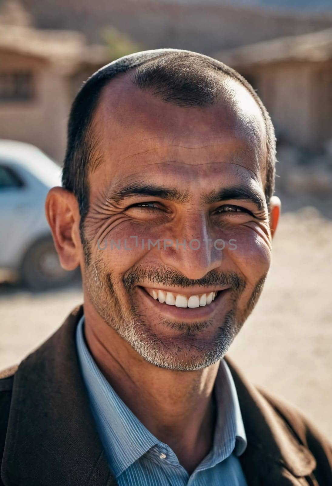 A joyful resident of Afghanistan 45 years old is smiling brightly, embodying the spirit of the region. His traditional attire complements the countryside background. Generative AI