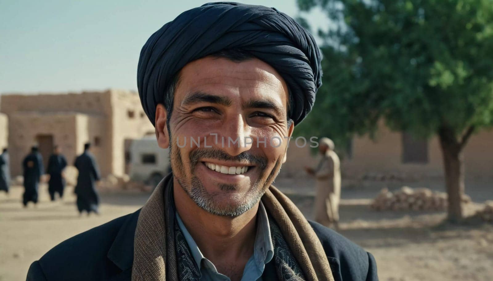 A joyful resident of Afghanistan 45 years old is smiling brightly, embodying the spirit of the region. His traditional attire complements the countryside background. Generative AI
