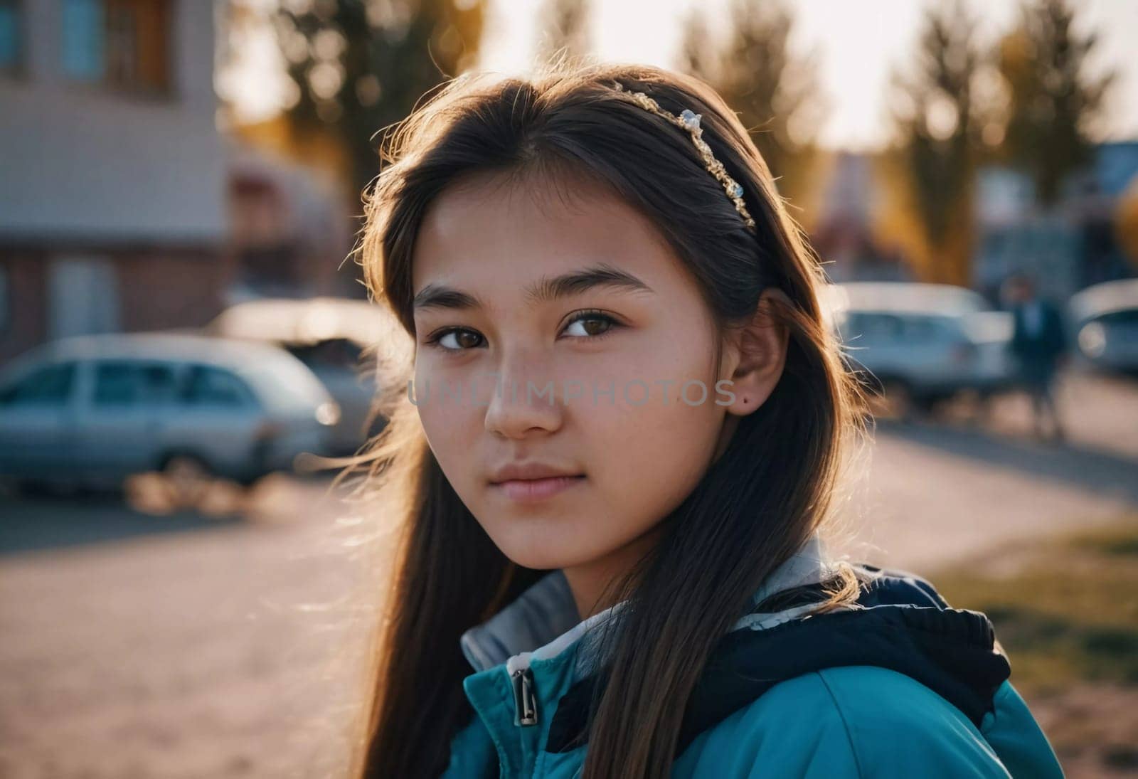 A young girl with long, dark hair and serious expression stands outdoors. A resident of Kazakhstan, a beautiful girl of 15 years old. Schoolgirl, student or applicant. Modern generation. AI generated.