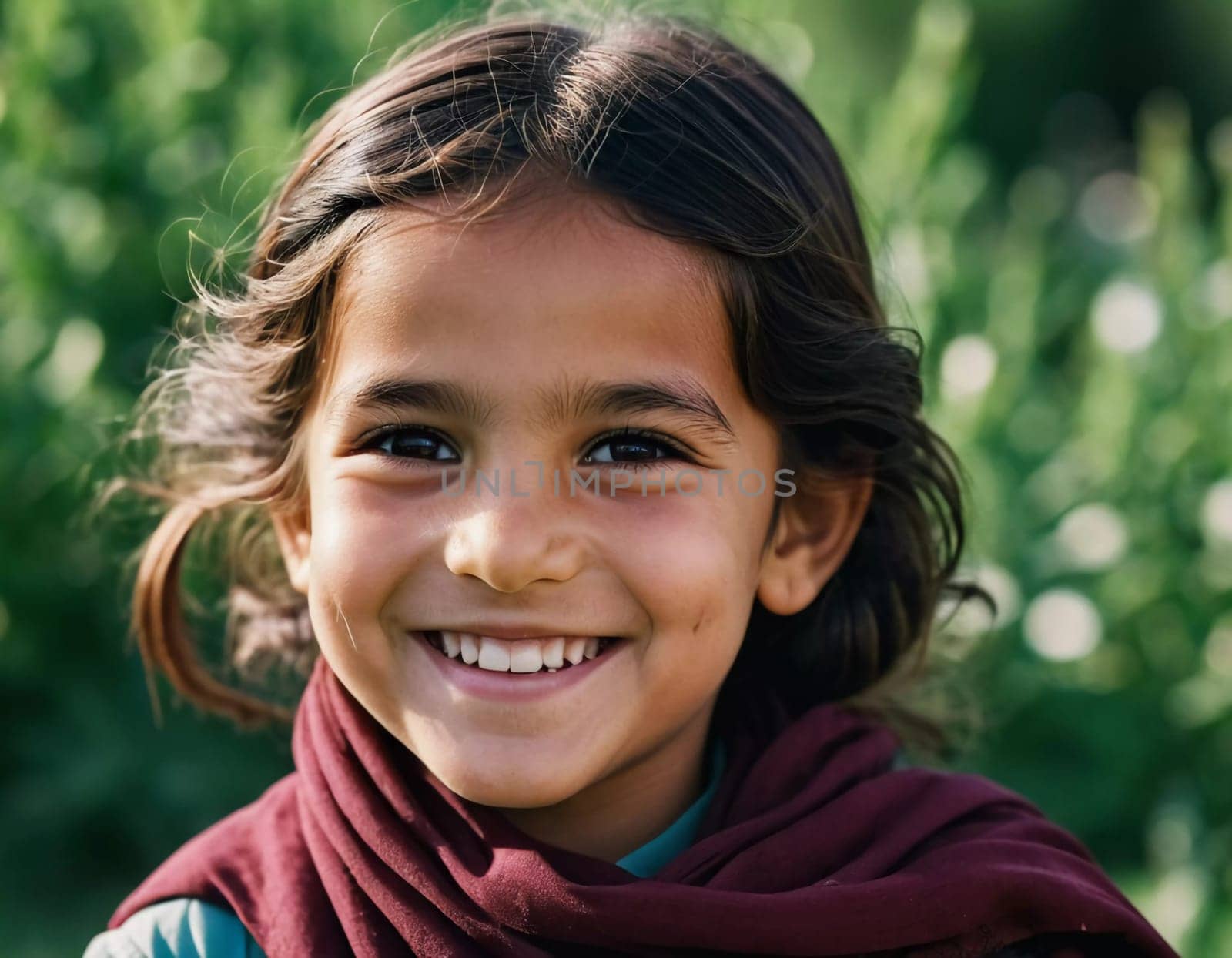 A young cute girl 5 years old from Afghanistan in national clothing smiles, showcasing her traditional attire, her expressive eyes reflecting her surroundings and culture. Generative AI.