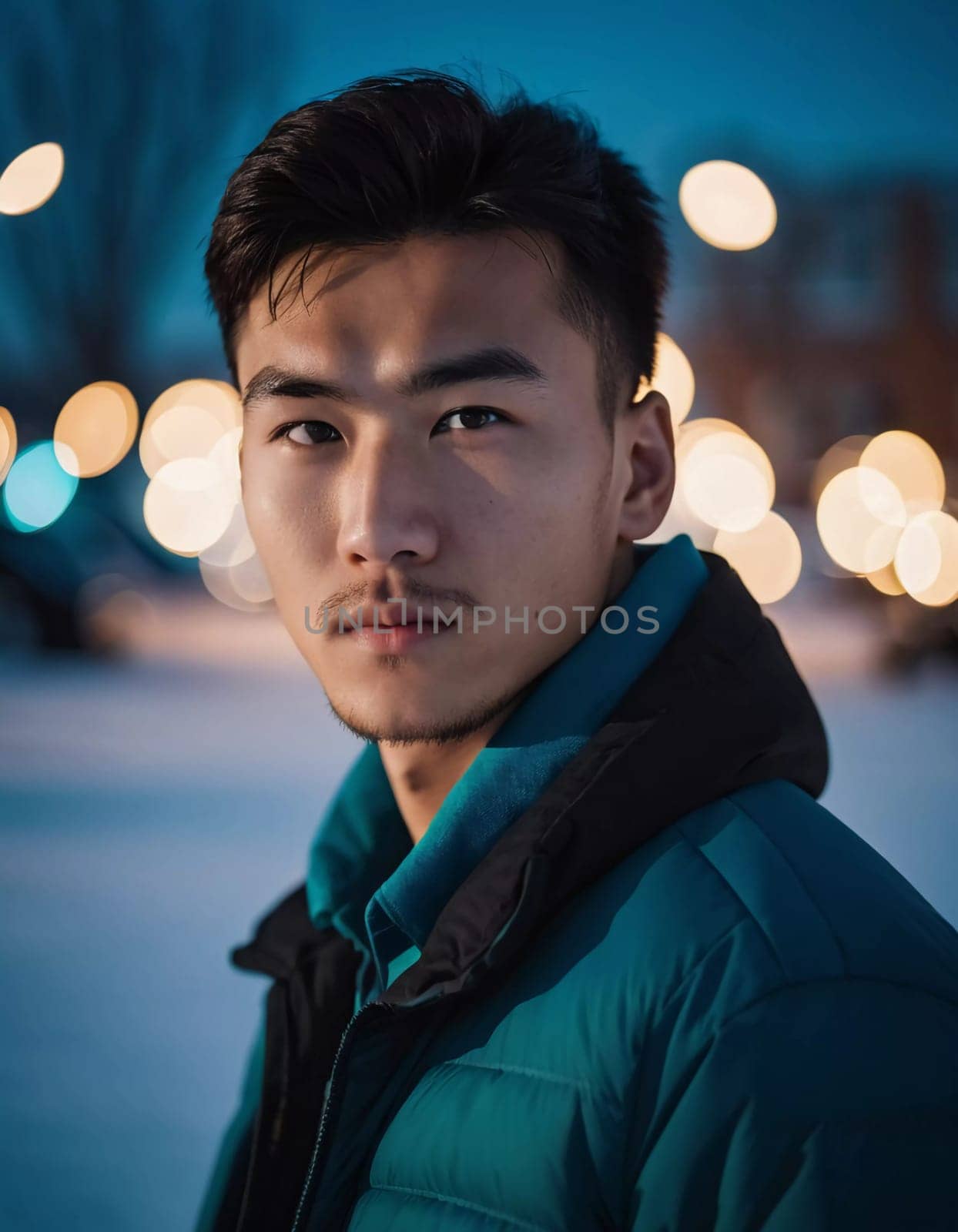 A young man with a confident expression poses against a backdrop of colorful lights at night in urban setting. A resident of Kazakhstan, a cute man of 25 years old. Student or applicant. AI generated.