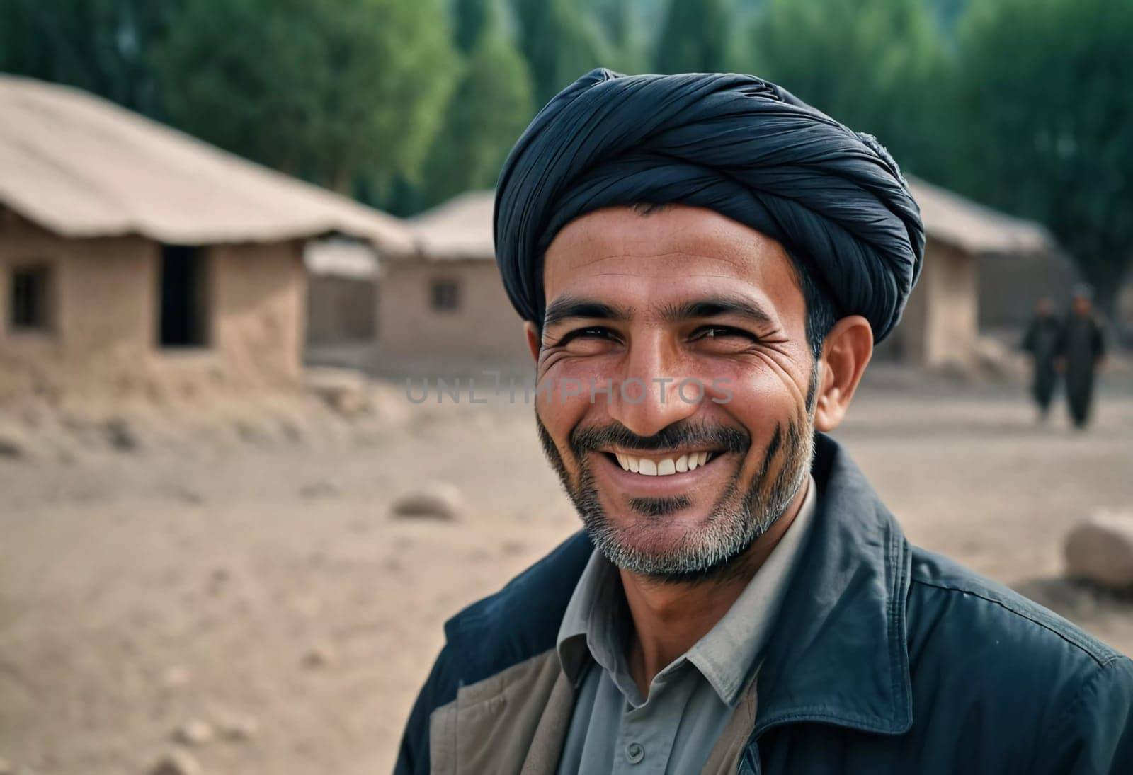 A joyful resident of Afghanistan 45 years old is smiling brightly, embodying the spirit of the region. His traditional attire complements the countryside background. Generative AI