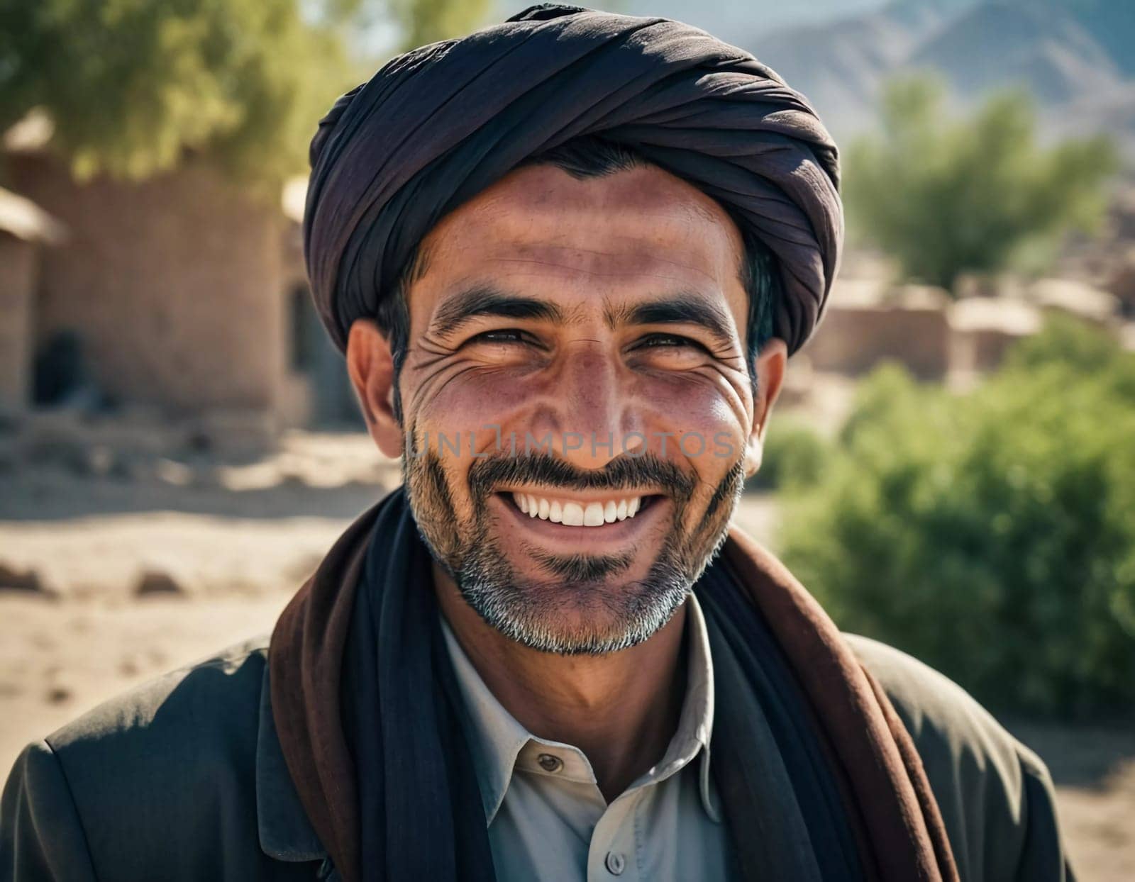 A joyful resident of Afghanistan 45 years old is smiling brightly, embodying the spirit of the region. His traditional attire complements the countryside background. Generative AI