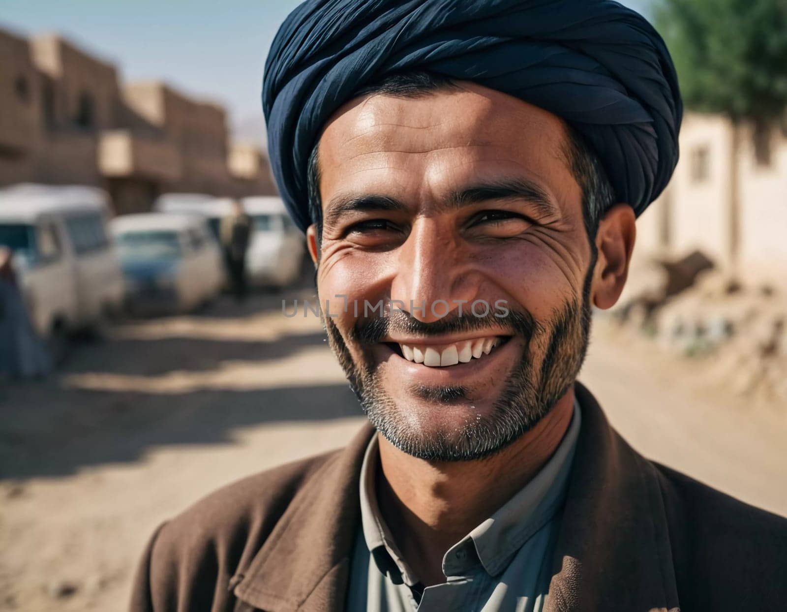 A joyful resident of Afghanistan 45 years old is smiling brightly, embodying the spirit of the region. His traditional attire complements the countryside background. Generative AI