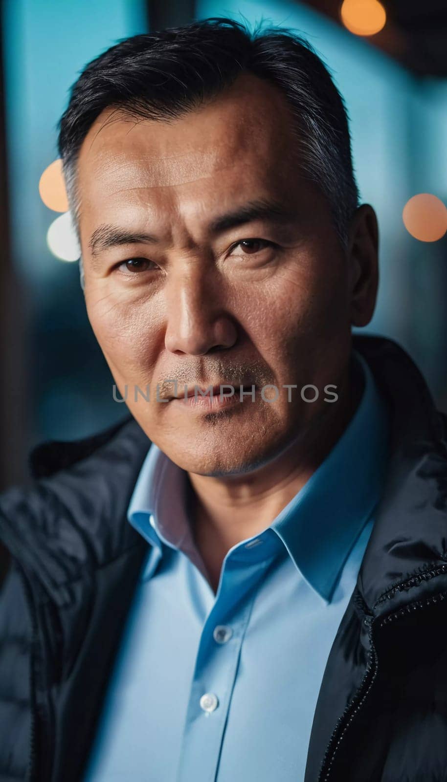 A man with short hair gazes into the camera, exuding confidence and poise. Urban setting. A resident of Kazakhstan, a cute man of 50 years old. A grown man, confident in his abilities. AI generated.