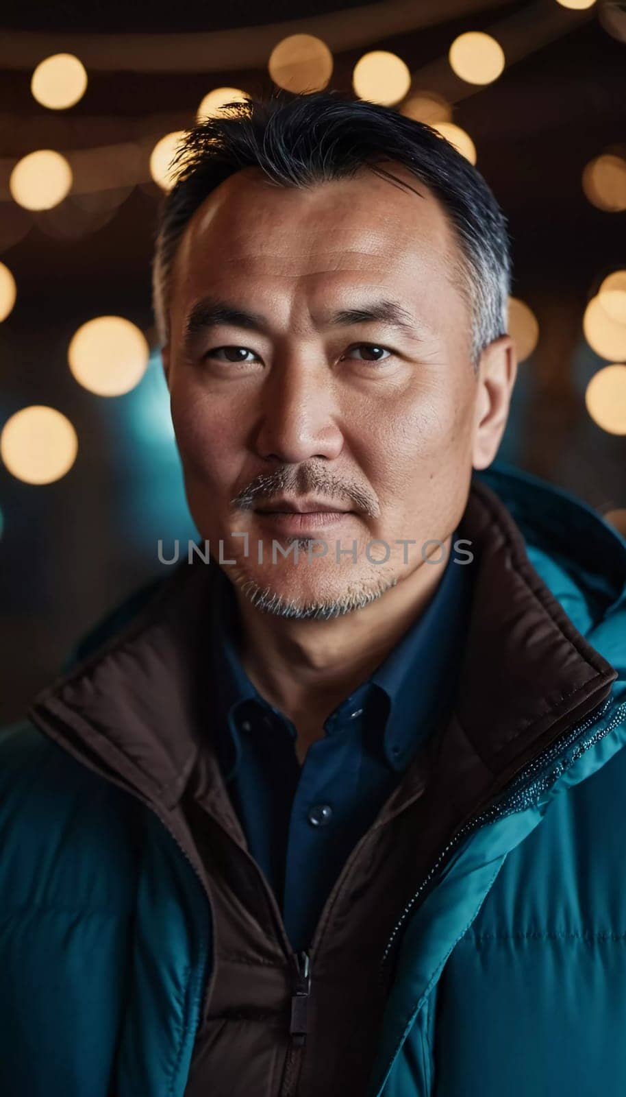 A man with short hair gazes into the camera, exuding confidence and poise. Urban setting. A resident of Kazakhstan, a cute man of 50 years old. A grown man, confident in his abilities. AI generated.