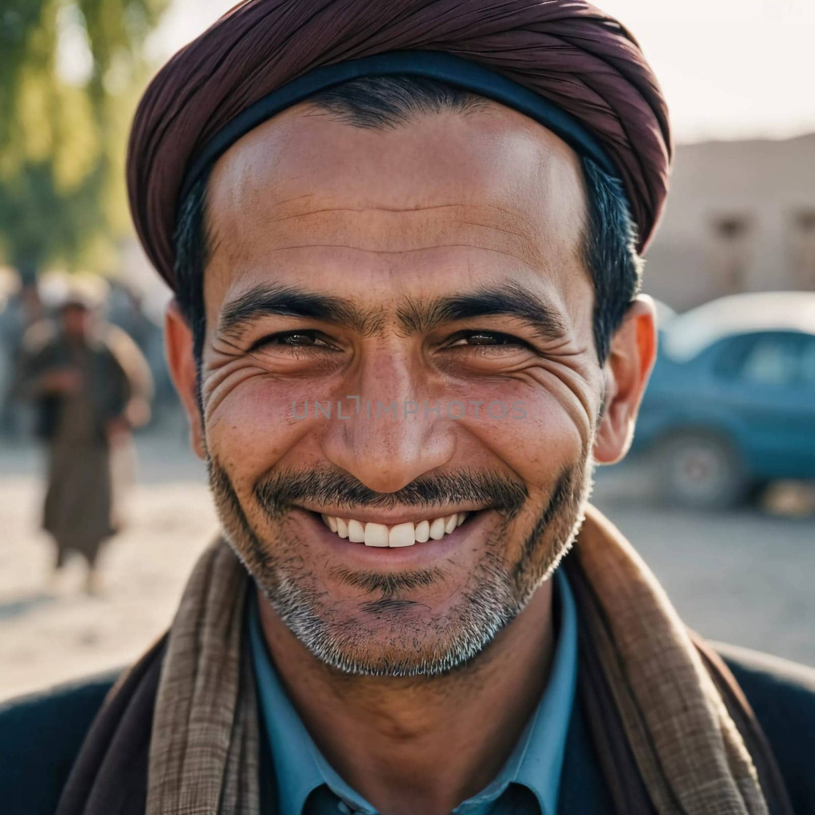 A joyful resident of Afghanistan 45 years old is smiling brightly, embodying the spirit of the region. His traditional attire complements the countryside background. Generative AI
