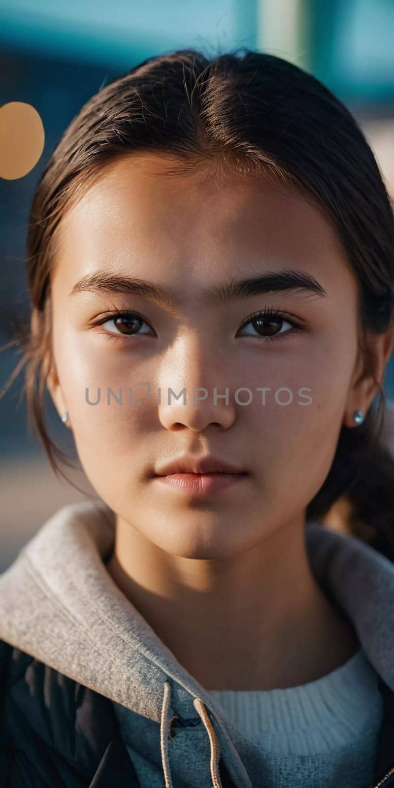 A young girl with long, dark hair and serious expression stands outdoors. A resident of Kazakhstan, a beautiful girl of 15 years old. Schoolgirl, student or applicant. Modern generation. AI generated.