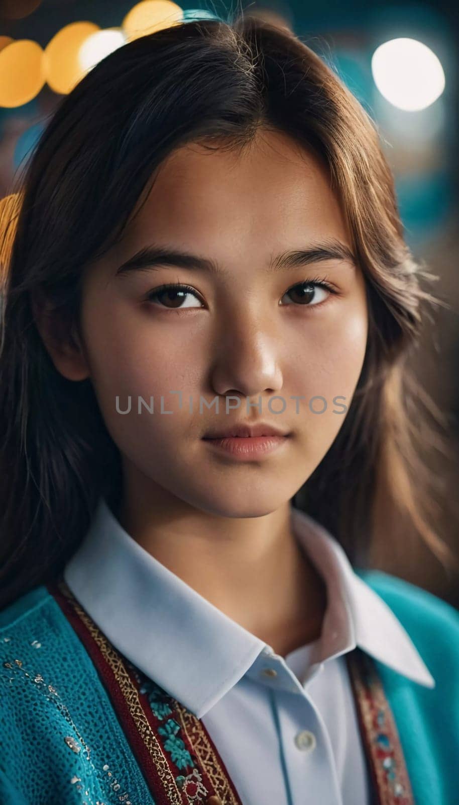 A young girl with long, dark hair and serious expression stands outdoors. A resident of Kazakhstan, a beautiful girl of 15 years old. Schoolgirl, student or applicant. Modern generation. AI generated.