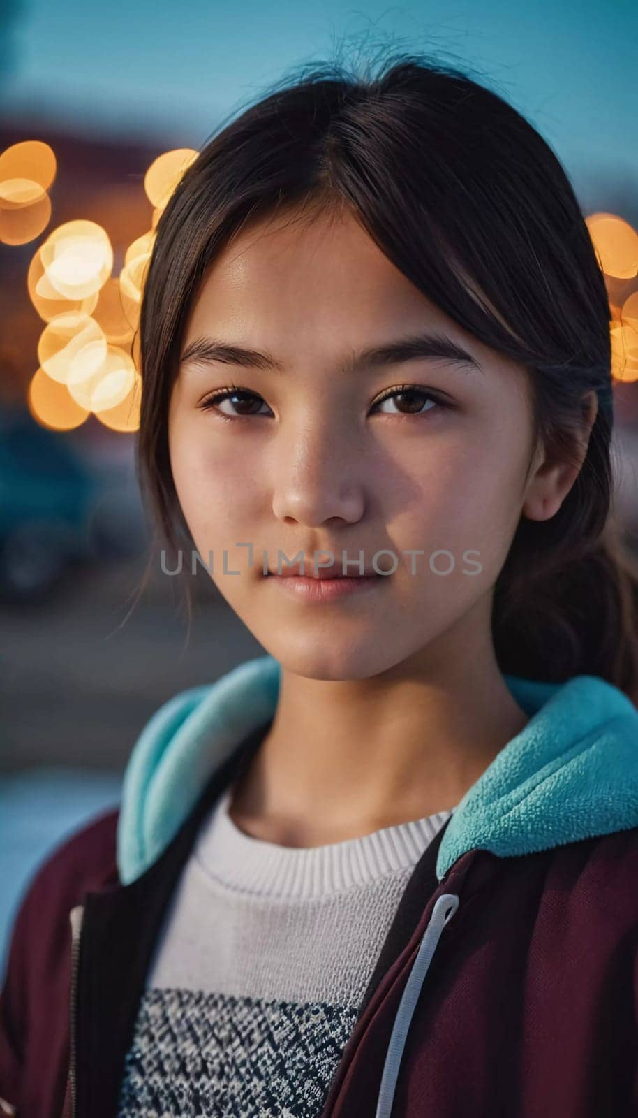 A young girl with long, dark hair and serious expression stands outdoors. A resident of Kazakhstan, a beautiful girl of 15 years old. Schoolgirl, student or applicant. Modern generation. AI generated.