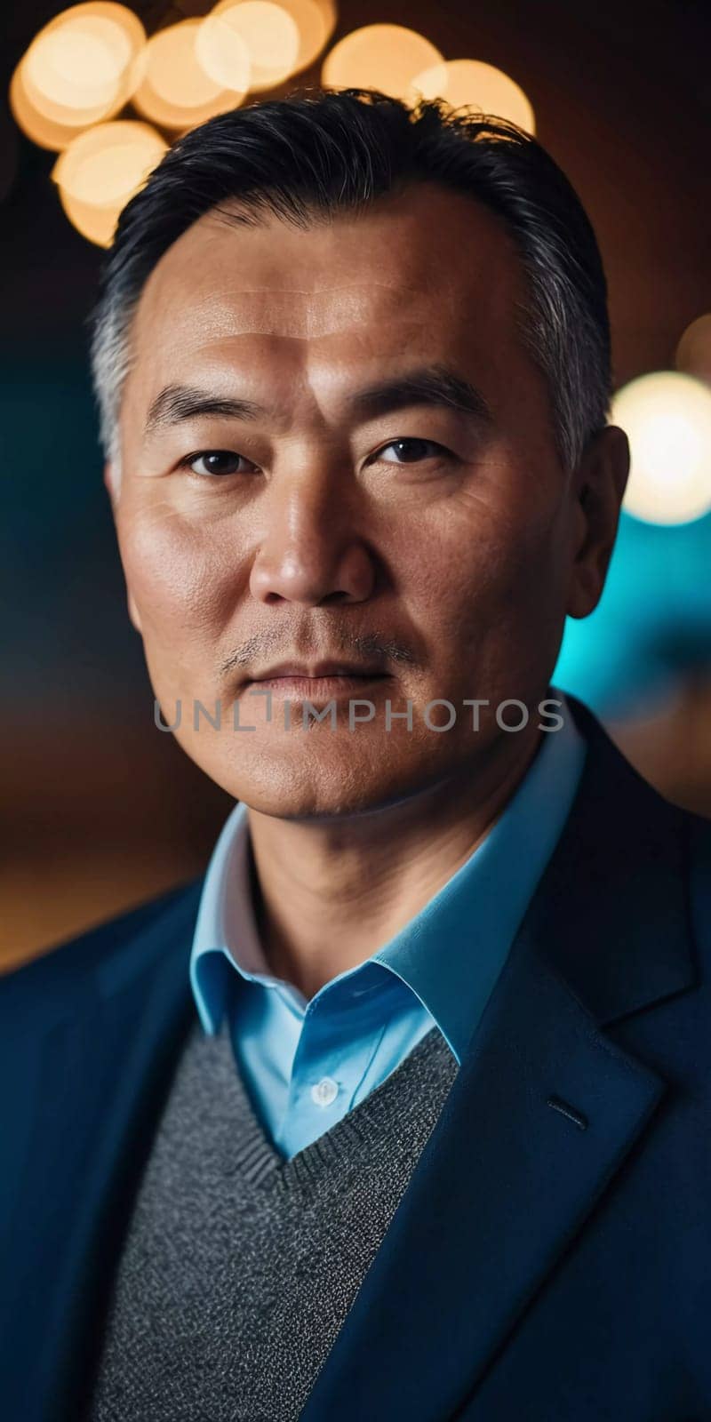 A man with short hair gazes into the camera, exuding confidence and poise. Urban setting. A resident of Kazakhstan, a cute man of 50 years old. A grown man, confident in his abilities. AI generated.