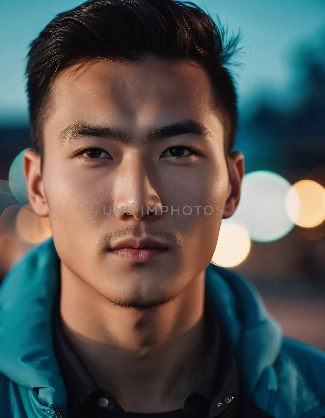 A young man with a confident expression poses against a backdrop of colorful lights at night in urban setting. A resident of Kazakhstan, a cute man of 25 years old. Student or applicant. AI generated.