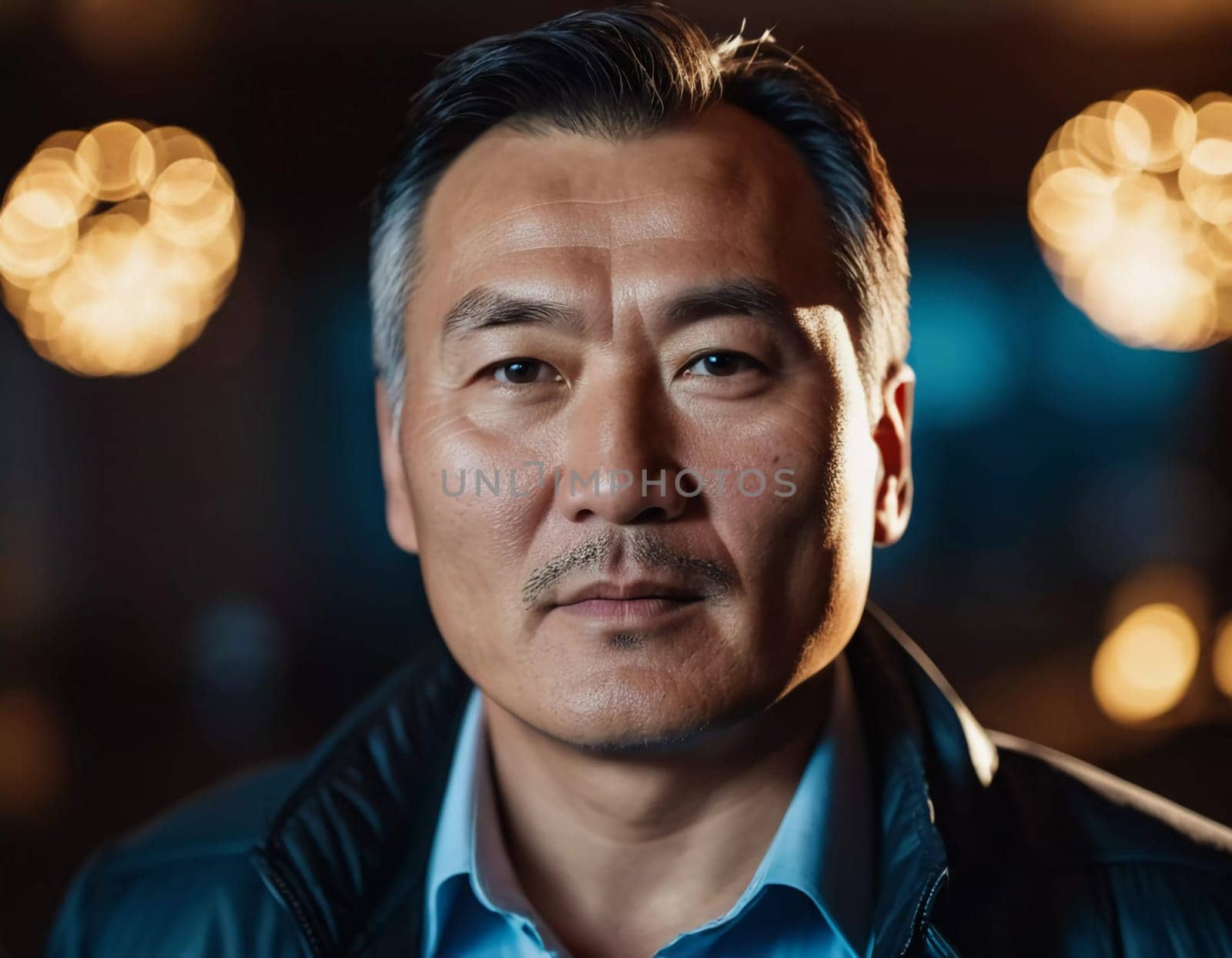 A man with short hair gazes into the camera, exuding confidence and poise. Urban setting. A resident of Kazakhstan, a cute man of 50 years old. A grown man, confident in his abilities. AI generated.