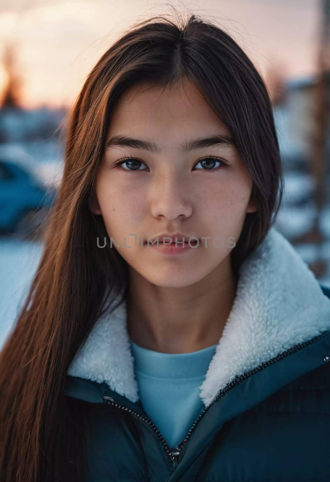 A young girl with long, dark hair and serious expression stands outdoors. A resident of Kazakhstan, a beautiful girl of 15 years old. Schoolgirl, student or applicant. Modern generation. AI generated.